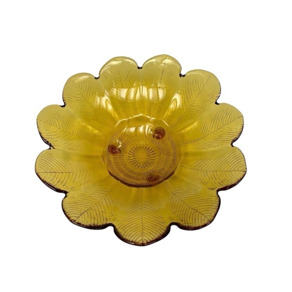 Vintage Amber Floral Glass Bowl Dish 3 Footed Feather 9 1/4"‎ MCM Retro 1970's
